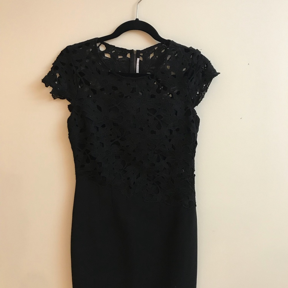 Tahari Black Lace Cap-Sleeve Midi Dress